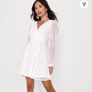 Lulus Always on Repeat White Clip Dot Long Sleeve Mini Dress size Medium